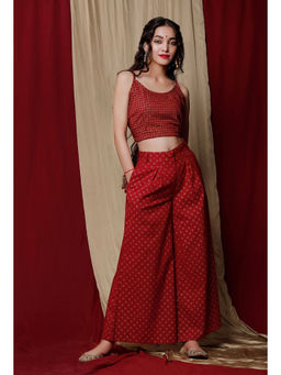 Tjori - Maroon Cotton Slip Top & Cotton Printed Palazzo (Set of 2)