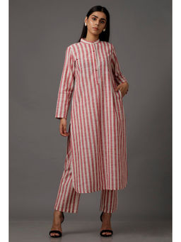 Tjori - Peach Red & White Stripes Pure Woven Cotton Kurta with Complimentary Mask (Set of 2)