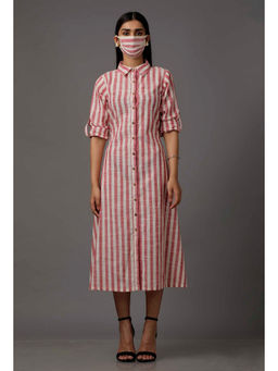 Tjori - Stripes Pure Woven Cotton Dress & Belt with Complimentary Mask (Set of 3)