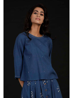Tjori - Denim Blue Hand Detailed Cotton Top