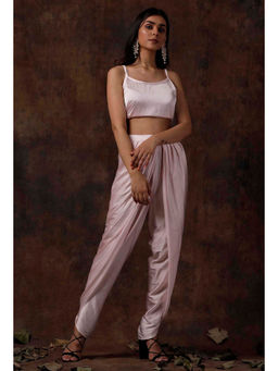 Tjori - Baby Pink Satin Slip Blouse & Dhoti (Set of 2)