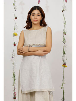 Tjori - Beige & Grey Straight Short Cotton Khadi Kurta