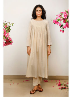 Tjori - Beige Gathered Cotton Kurta