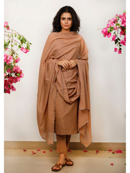 Tjori - Brown Cotton Kurta with Kota Dupatta & Straight Cotton Pant (Set of 3)