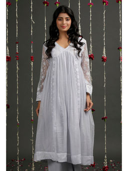 Tjori - Pale Blue Floral Jamdani Front Gather Kurta