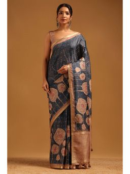 Soch - Womens Blue Tussar Saree with Unstitched Blouse