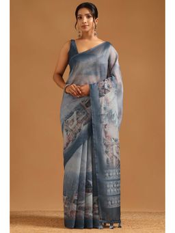 Soch - Womens Blue Chanderi Saree with Unstitched Blouse