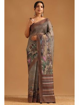 Soch - Womens Brown Chanderi Saree with Unstitched Blouse