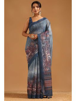 Soch - Womens Blue Chanderi Saree with Unstitched Blouse