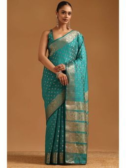 Soch - Womens Teal Art Silk Saree with Unstitched Blouse