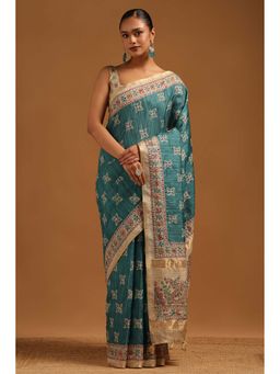 Soch - Womens Teal Tussar Saree with Unstitched Blouse