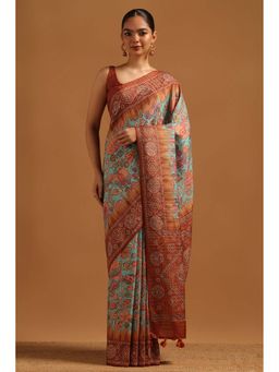 Soch - Womens Turquoise Blue Tussar Saree with Unstitched Blouse