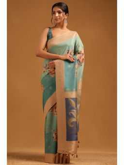 Soch - Womens Turquoise Blue Poly Silk Saree with Unstitched Blouse