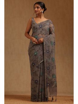 Soch - Womens Grey Chanderi Woven Design Saree with Unstitched Blouse