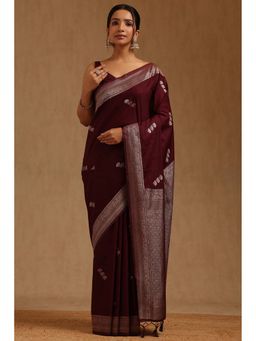 Soch - Womens Wine Viscose Silk Floral Zari Woven Saree with Unstitched Blouse