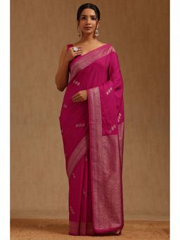 Soch - Womens Fuchsia Viscose Silk Floral Zari Woven Saree with Unstitched Blouse