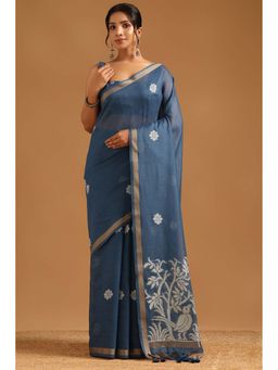 Soch - Womens Indigo Chanderi Saree with Unstitched Blouse
