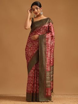 Soch - Womens Maroon Tussar Saree with Unstitched Blouse