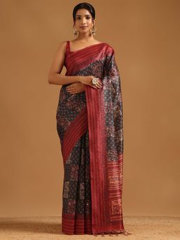 Soch - Womens Charcoal Tussar Saree with Unstitched Blouse