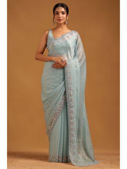 Soch - Womens Powder Blue Chiffon Saree with Unstitched Blouse