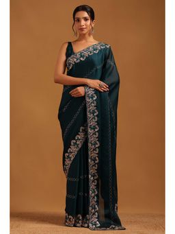 Soch - Womens Blue Chiffon Saree with Unstitched Blouse