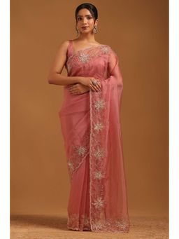 Soch - Womens Onion Pink Organza Saree with Unstitched Blouse
