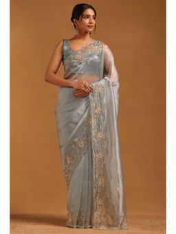 Soch - Womens Blue Organza Saree with Unstitched Blouse