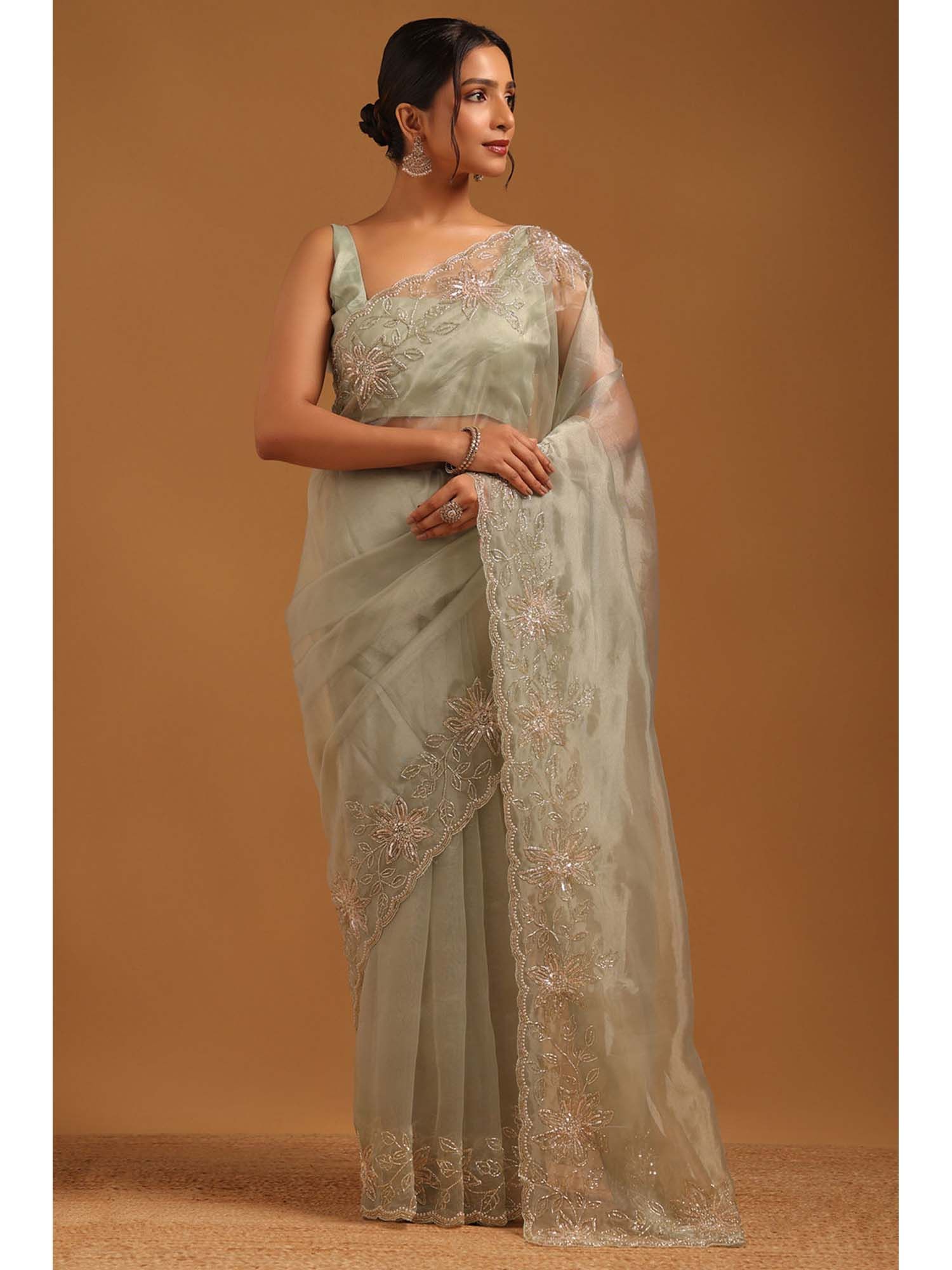 Womens Light Green Organza Saree with Unstitched Blouse-image-3