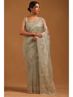 Soch - Womens Light Green Organza Saree with Unstitched Blouse