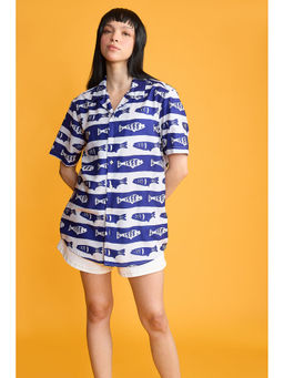 FREAKINS - Blue and White Fish Print Womens Shirt