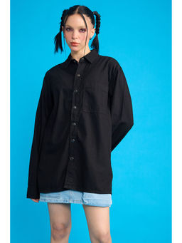 FREAKINS - Black One Pocket Oversized Womens Denim Shirt