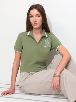U.S. POLO ASSN. - Green Women Floral Embroidery Polo T-Shirt