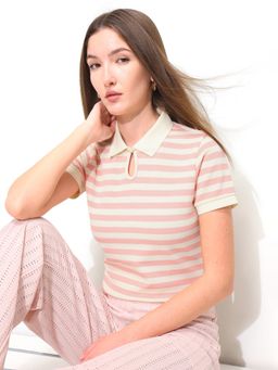 U.S. POLO ASSN. - Pink Women Horizontal Striped Key Hole Polo T-Shirt