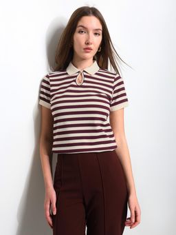 U.S. POLO ASSN. - Wine and Beige Horizontal Striped Key Hole Polo T-Shirt