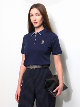 U.S. POLO ASSN. - Blue Women Solid Regular Fit Polo T-Shirt