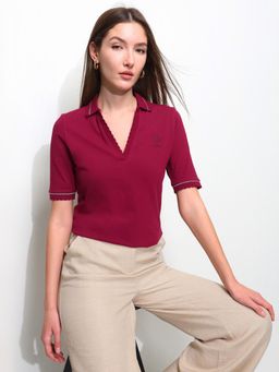 U.S. POLO ASSN. - Red Women Solid Regular Fit Polo T-Shirt