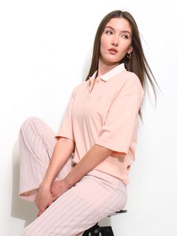 U.S. POLO ASSN. - Peach Solid Oversized Contrast Collar Polo T-Shirt