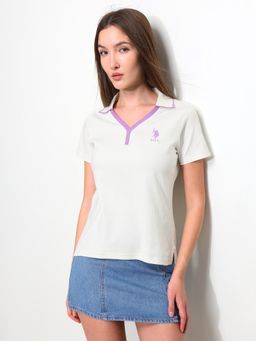 U.S. POLO ASSN. - White Women Solid Regular Fit Polo T-Shirt