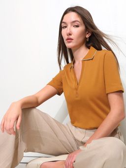 U.S. POLO ASSN. - Orange Women Textured Regular Fit Polo T-Shirt