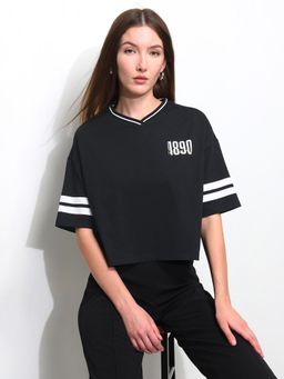 U.S. POLO ASSN. - Black Women Solid Boxy Fit Varsity T-Shirt