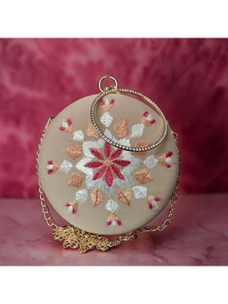 Phulkari Forever - Hand Embroidered Phulkari Clutch - Khaki- Round