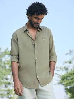 Andamen - Men Linen Lyocell Slim Fit Casual Shirt-S-Slim - Olive