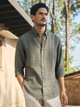 Andamen - Men European Linen Checked Regular Fit Shirt