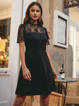 Friends Like These - Lace Yoke Embroidered Half Sleeves Mini Dress-Black
