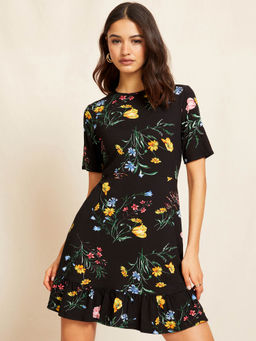 Friends Like These - Half Sleeves Round Neck Ruffle Hem Mini Dress-Black