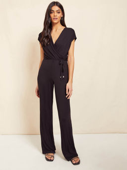 Friends Like These - Jersey Wide Leg Wrap Style V-Neck Summer Jumpsuit-Black