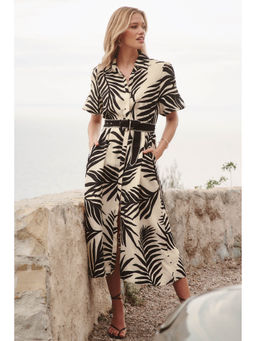 Friends Like These - Linen Printed Half Sleeves Button Midi Dress with Belt-Beige (Set of 2)