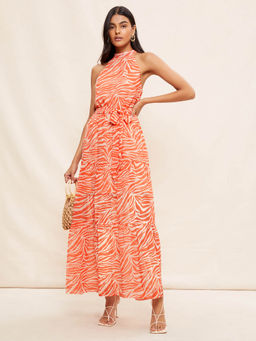 Friends Like These - Animal Printed Halter Neck Tiered Maxi Dress with Belt-Orange (Set of 2)