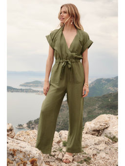 Friends Like These - Utility Half Sleeves V-Neck Wide Leg Jumpsuit-Green
