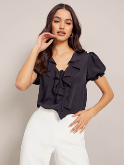 Friends Like These - Ruffle Front Puff Sleeves Top-Black